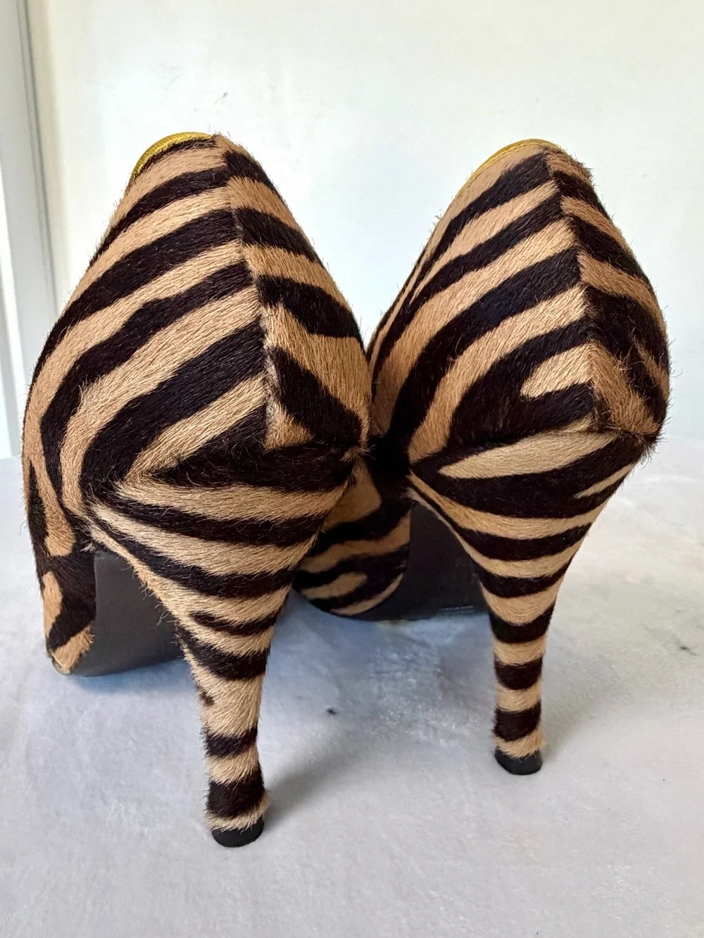 Fendi Calfhair Zebra Peep-Toe Heel, Gold Flagship Emblem, 36.5, some balding - Picture 5 of 16